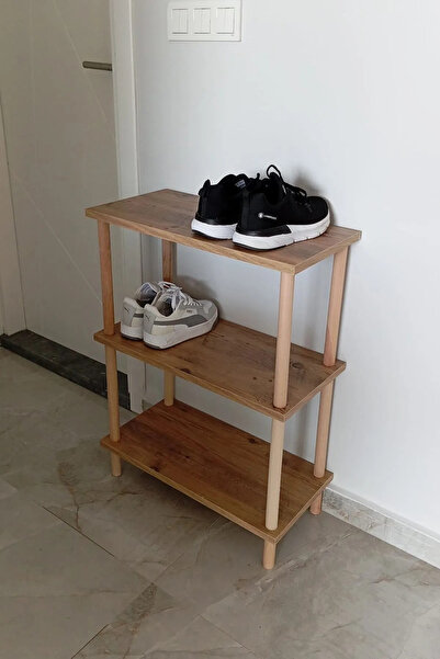 HCAtölye Ahşap Atölyesi Dekoratif 3 Raflı Ahşap Ayaklı Çok Amaçlı Kitaplık Ayakkabılık Rafı- Atlantik Çam