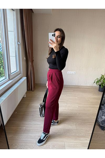 Club Floral Fashıon Women's Double Button Pleated Carrot Mold Full Lycra Casual Burgundy Trousers