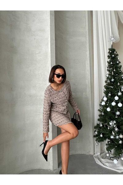 Haan Fashion Mini Skirt and Cardigan Button Detailed Zipper Closure Chanel Fabric Winter Office & Casual Set