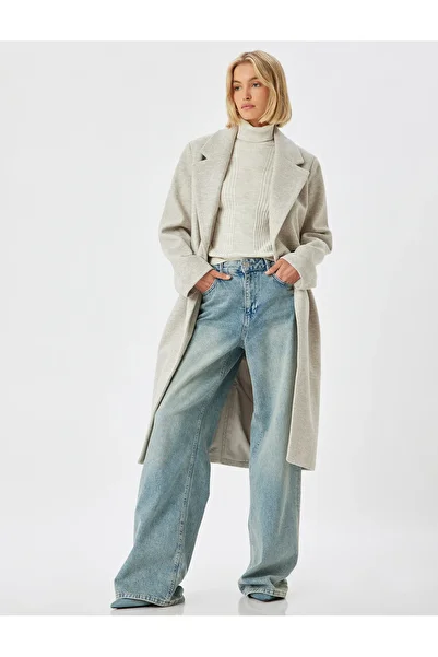 Koton Long Stamp Double Breasted Coat with Pockets and Buttons