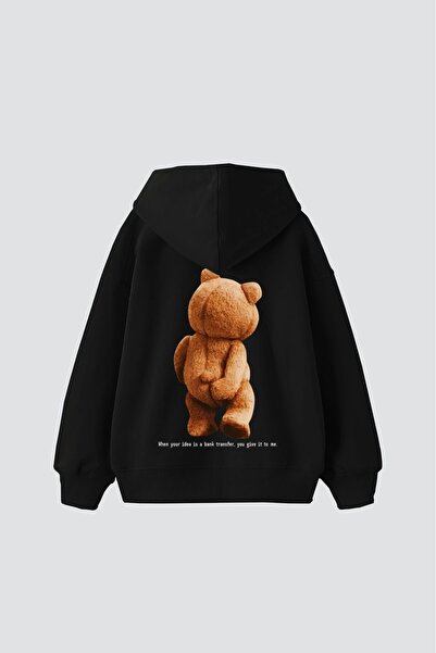 Bak Moda Bear Back Printed Oversize Unisex Μαύρο Hoodie