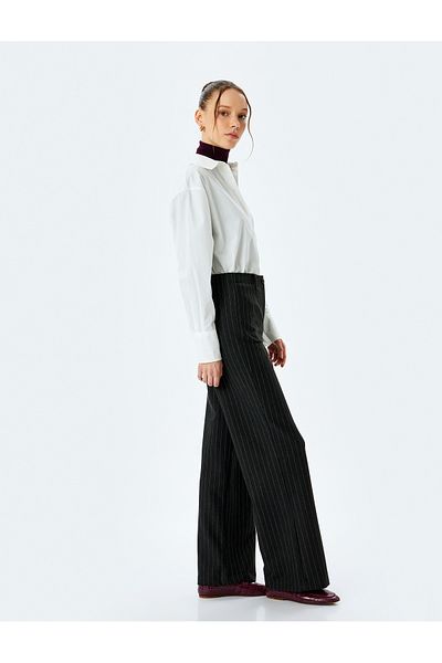 Koton Standard Waist Loose Straight Leg Striped Fabric Trousers