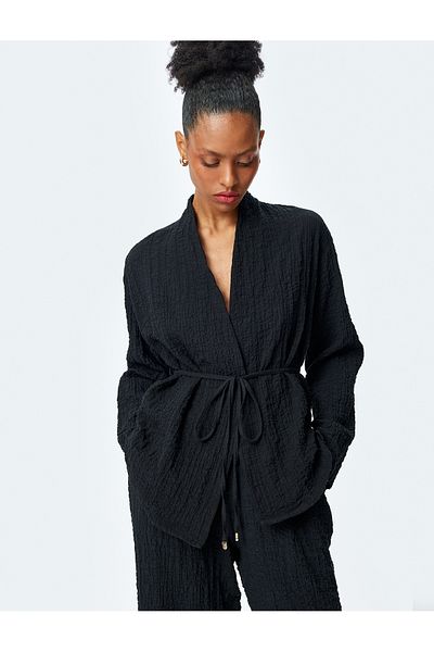 Koton Detailní texturované kimono s dlouhým rukávem s bavlněným páskem