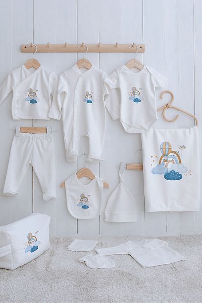 Tuğba Kuğu Organic 11-Piece Hospital Outlet for Baby - Blue Clouds and Balloon