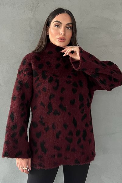 Seda Yalçın Atelier Burgundy Leopard Pattern Half Fisherman Knitwear Sweater