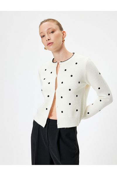 Koton Polka Dot Knitwear Cardigan Round Neck Buttoned Soft Textured