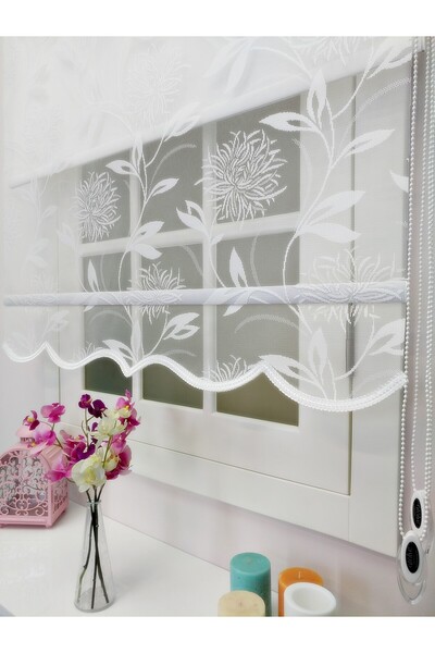 atölyeperde Atölye Perde Çiftli Sistem Yeni Beyaz Büyük Yaprak Desen Örme Tül...