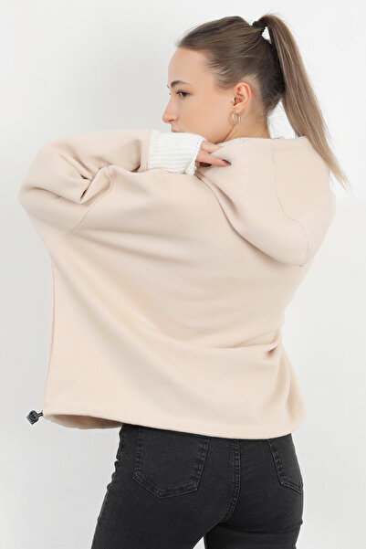 GİYSA Stone Colored Embroidered Women's Hooded Sweatshirt - Knitwear Detailed, Model 5074