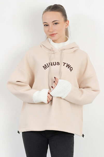 GİYSA Stone Colored Embroidered Women's Hooded Sweatshirt - Knitwear Detailed, Model 5074