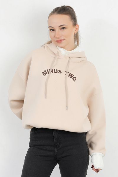 GİYSA Hanorac de damă cu glugă brodat în culoarea piatră - Detaliu tricot, model 5074