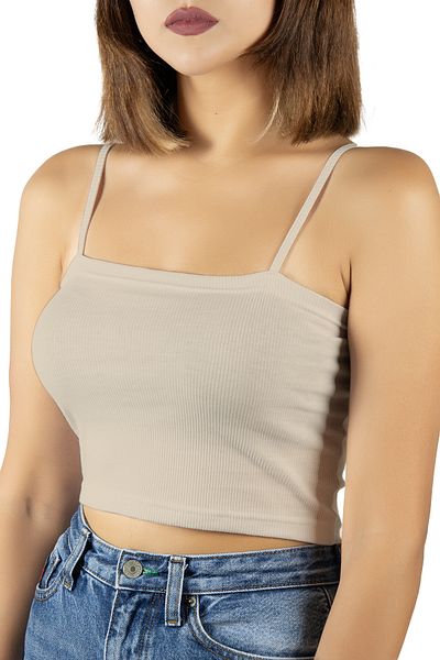 VEAVEN Beige Corded Crop Top - Fitted Athlete with String Straps