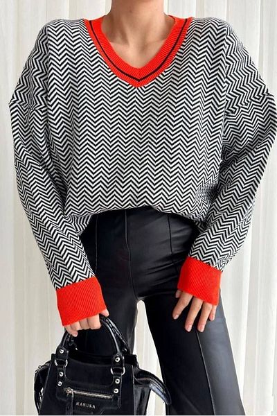 barış sülün lovebox Women's Knitwear Fabric Zigzag Striped Pattern V-Neck Sweater 0199