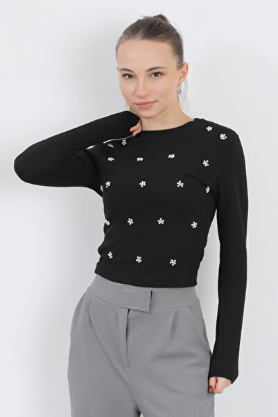 GİYSA Γυναικεία μπλούζα με λαιμόκοψη με λουλούδια πέρλες μακρυμάνικη μπλούζα ...