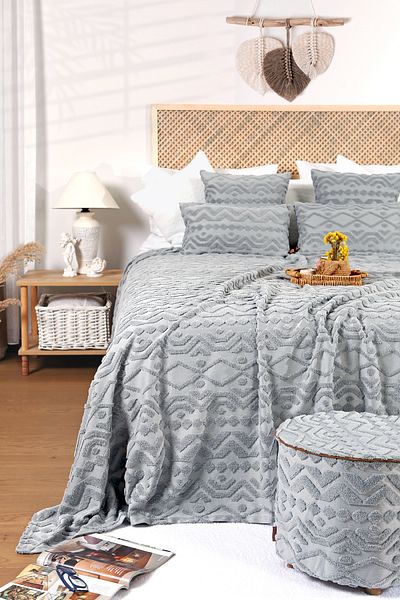 HAMUR Double Nordic Bedspread Set - Bohemian Punch Ponch Pattern, Letta Grey