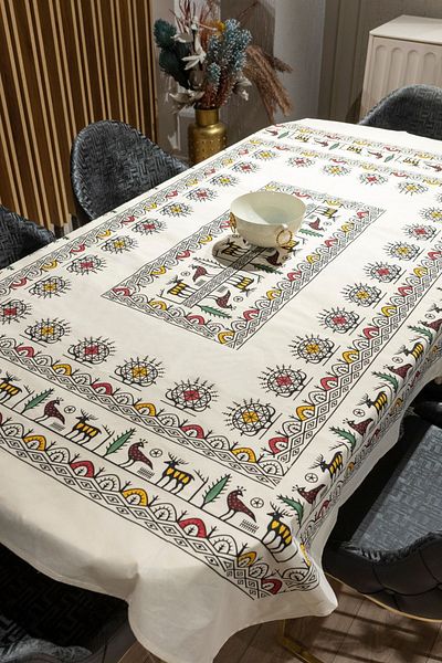 RH Rosehan Hand Printed Natural Cotton Linen Rectangular Tablecloth (160X200 cm) Stylish Elegant and Colorfuldesign