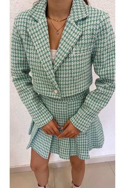 MODA Women's Green Chanel Fabric Short Jacket and Pleated Skirt Set