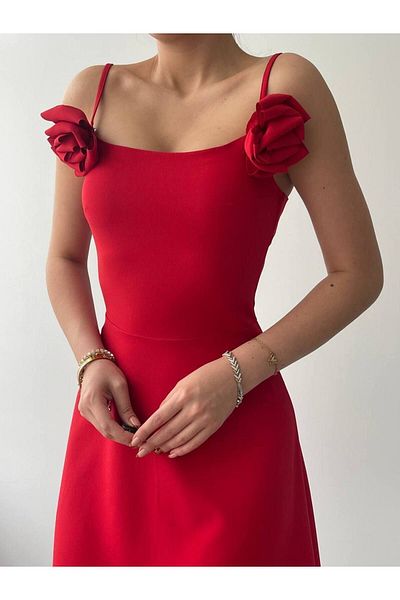 vuvutasarım Red Strapless Atlas Maxi Dress - Rose Accessory, Strappy Design 258