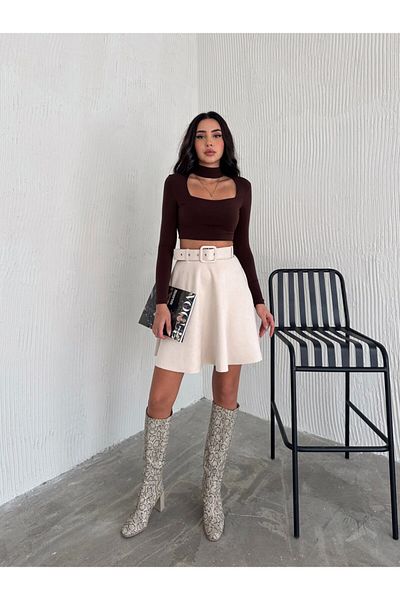 Winmoda34 Women's Belt Detailed Suede Skirt Flared Model