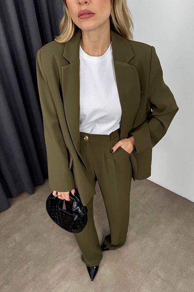 Sue Store Set jachetă și pantaloni oversize kaki premium