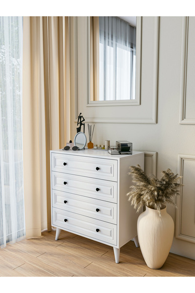 MONTENERO Şifonyer Parlak Beyaz 4 Çekmeceli Country Şifonyer