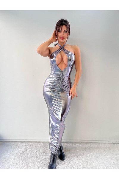 pink life Σκούρο γκρι Lame υφασμάτινο φόρεμα με λαιμόκοψη με λαιμόκοψη