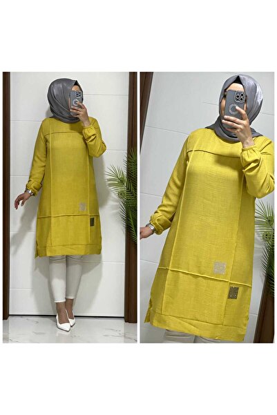 modasura 2025 K40 Hardal Kare Taş Baskılı Keten Tunik