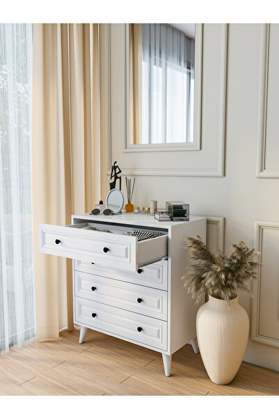 MONTENERO Şifonyer Parlak Beyaz 4 Çekmeceli Country Şifonyer
