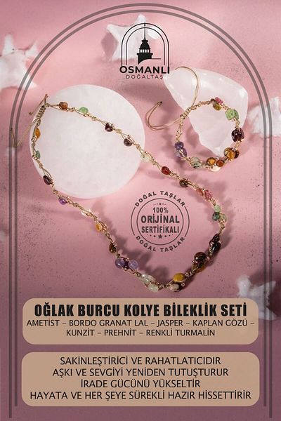 OSMANLI DOĞAL TAŞ Capricorn Zodiac Sign Necklace Bracelet Set Amethyst, Burgundy Garnet Lal, Jasper, Tiger Eye, Kunzit, Prehnite, Ren