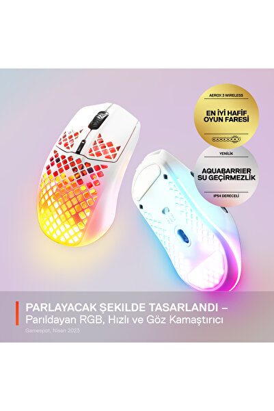 SteelSeries Aerox 3 Wireless Snow, 18000 CPI, RGB Optik Kablosuz Gaming Mouse