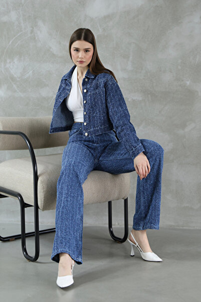 Trendyol Collection Kék texturált Crop farmer dzseki TWOSS25CE00030