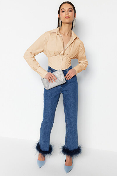 Trendyol Collection Stone Crop bélelt fűző részletes poplin ing TPRAW23GO00004