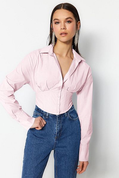 Trendyol Collection Poplin Woven - világos rózsaszín Crop fűző ing Tpraw23Go00004