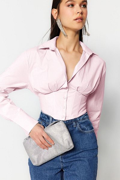 Trendyol Collection Poplin Woven - világos rózsaszín Crop fűző ing Tpraw23Go00004