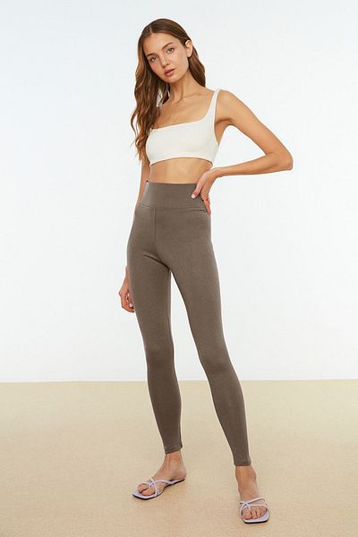Trendyol Collection Jambiere interlock bej închis cu talie înaltă - Talie elastică, tricotată TWOAW20TA0047
