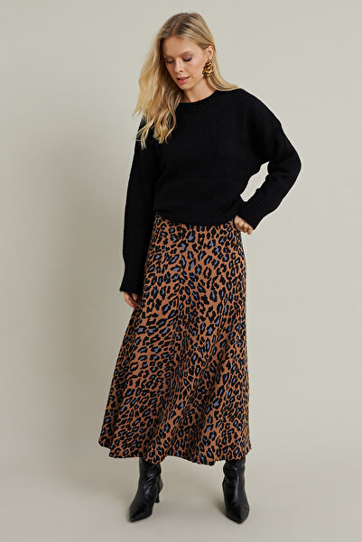 Cool & Modest Camel-Indigo Patterned Women's Bell Skirt - Mlon3007