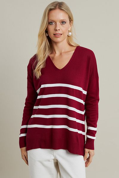 Cool & Modest Pulover de tricotaj pentru damă cu decolteu în V roșu claret-ecru - MYİL550
