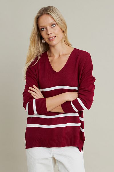 Cool & Modest Pulover de tricotaj pentru damă cu decolteu în V roșu claret-ecru - MYİL550
