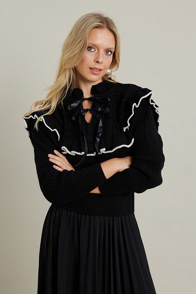 Cool & Modest Women's Black-Stone Ruffle Knitwear Blouse Mqs1018