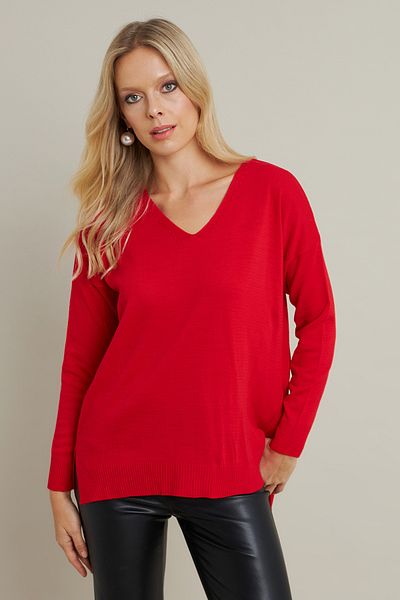 Cool & Sexy Red V-Neck Knitwear Women's Sweater - Yil549