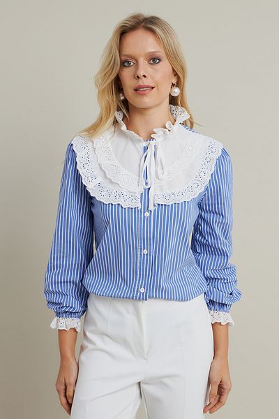 Cool & Modest Cămașă cu dungi cu dantelă albastră pentru femei MQS5074