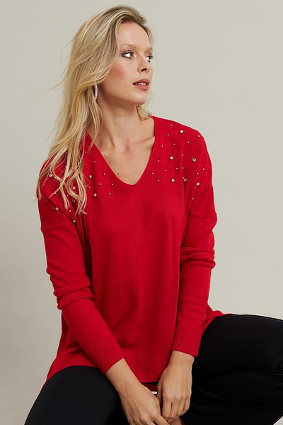 Cool & Sexy Women's Red V-Neck Rhinestone Slim Knitwear Blouse Yi̇l002