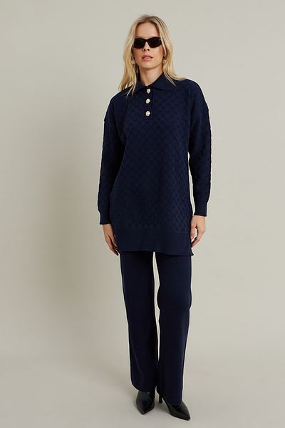 Cool & Modest Women's Navy Blue Pearl Button Knitwear Bottom Top Suit Mnuv33