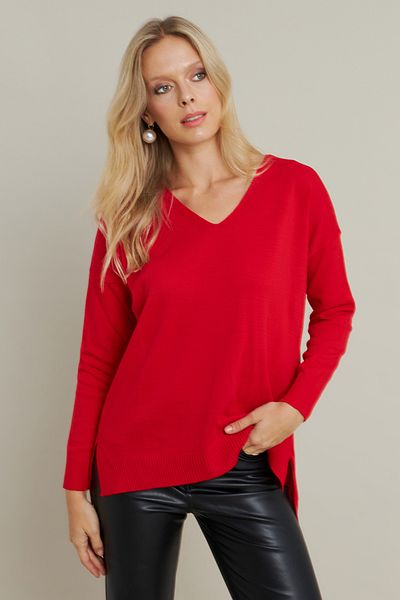Cool & Sexy Red V-Neck Knitwear Women's Sweater - Yil549