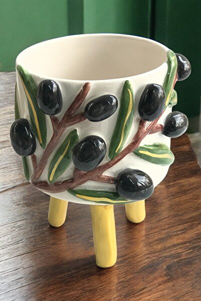 Spica Ceramica El Yapımı Zeytin Saksı, Zeytin Modelli Saksılık, Hediyelik Saksı