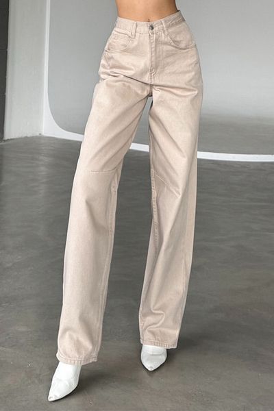 Trendyol Collection Бежови прави дънки с катарама за колан с шевове с висока талия Twoss25Je00140