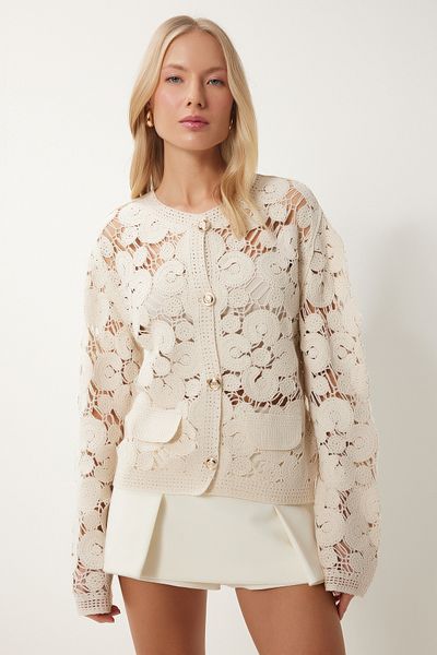 Happiness İstanbul Cremefarbene Damen-Strickjacke mit Blumendruck und Laciness – ES00175