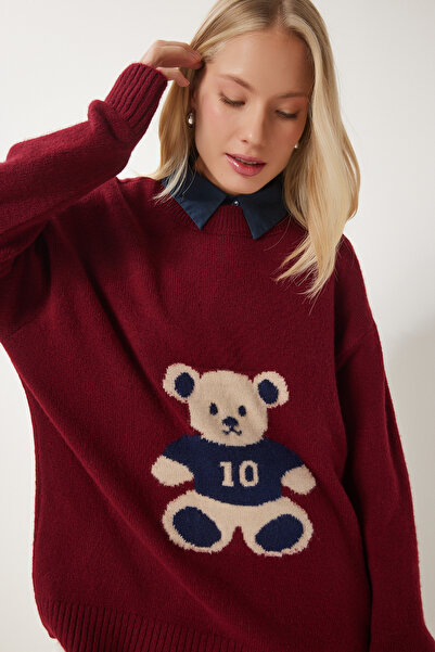 Happiness İstanbul Weicher Strickpullover mit Teddybär-Textur für Damen in Burgunderrot MX00177
