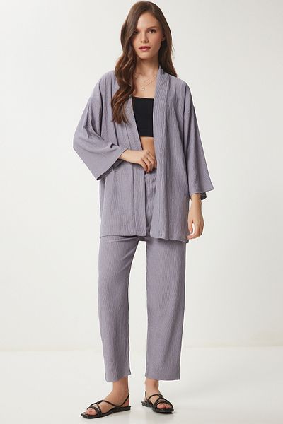 Happiness İstanbul Damen Kimonohose Strickset in Steingrau BY00050