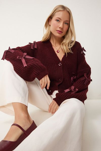 Happiness İstanbul Burgunderfarbene Strickjacke mit Schleife für Damen PF00095