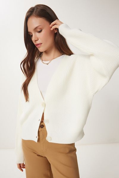 Happiness İstanbul Ecrufarbene Strickjacke mit V-Ausschnitt und Knöpfen für Damen MX00175